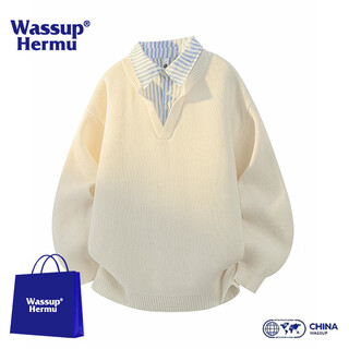 Wassup hermu official sweater men's autumn and winter japanese relaxed fake two-piece knitted sweater for back to school design top jacket off-white xl (recommended 150-170 jin jin equals 0.5 kg)