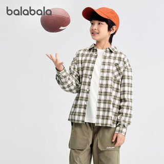 Balabala children's clothing children's shirt boys and girls autumn lapel plaid shirt parent-child college style top trend white green tone 00314 140