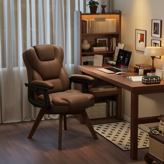 Menile rotating computer chair home study desk and chair solid wood legs dormitory sofa chair comfortable sedentary leisure back chair brown wear-resistant cat scratch leather solid wood legs reclining armrests