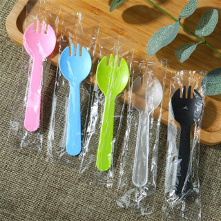 Magic bean shenghuo plastic disposable spoons and forks, fruit forks, cake forks, dessert spoons, ice cream scoops, individually packaged and thickened, five-color mixed, individually packaged, 100 pieces