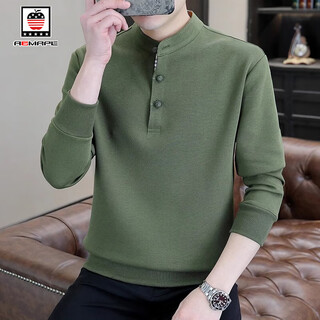 Aemape/american apple chinese style sweater men's henry collar spring autumn winter 2025 new velvet bottoming shirt autumn clothes military green xl