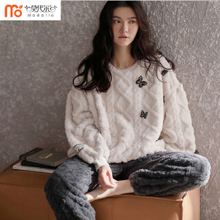 Modal 2025 coral velvet pajamas for women winter thickened long-sleeved flannel large size plus velvet autumn and winter home wear set women's velvet rhombus 420 m (80-110jin jin is equal to 0.5 kg)