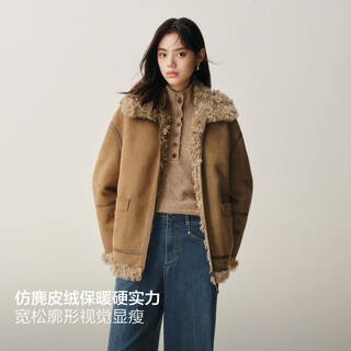 Peacebird pu spliced cool motorcycle short jacket 25 loose silhouette neat slimming imitation fur jacket for women* brown l 165