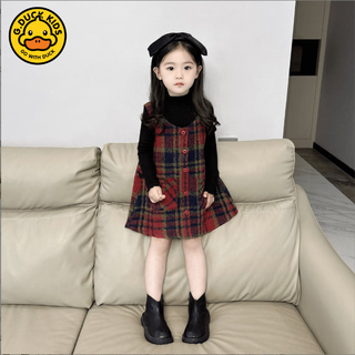 G.duck children's clothing 2026 girls autumn and winter plaid woolen vest skirt baby girl korean style cute and sweet dress set single piece black base single piece base 120