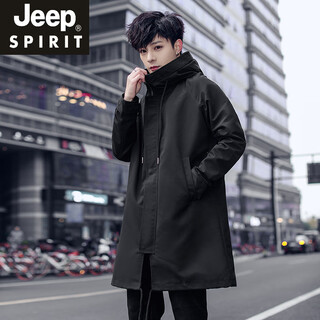 JEEP SPIRIT2025春秋男士风衣中长款外套薄款秋冬夹棉加厚黑色大码宽松大衣 黑色春秋款 常规 M 宽松偏大100~130斤