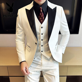 Playboy (playboy) white peaked collar spliced suit suit men's groom wedding dress slim korean style casual small suit jacket peaked collar white suit + trousers + vest 2xl (136-149jin jin equals 0.5kg)