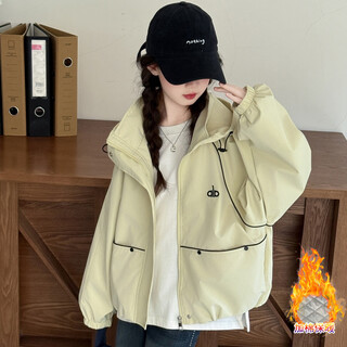 诺佳微淇女童外套秋冬装2025新款洋气加棉中大童女孩休闲春季连帽夹克上衣 米黄色【夹棉款】 150