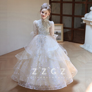 Simiaoxing girls evening dress long-sleeved high-end light luxury niche host flower girl girl birthday princess dress children's performance clothing champagne color long 130