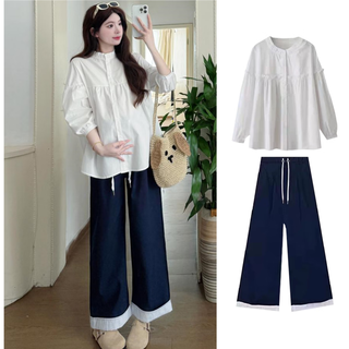 Ran qiqi maternity wear autumn suit lazy style 2025 new long-sleeved shirt top wide-leg pants small fragrance two-piece set white shirt + navy blue pants (suit) xl