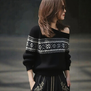 Su yuwei fair island jacquard black one-shoulder slanted shoulder sweater for women autumn and winter high-end lazy style off-shoulder sweater top black follow the store - free shipping insurance s (80-95jin jin is equal to 0.5 kg)