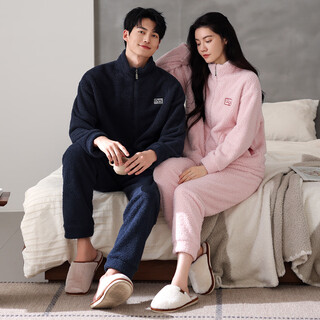 Congxin two sets of couple pajamas for men, winter thickened and velvet warm coral velvet pajamas for girls, autumn and winter home clothes d 9061 ammonia blue-8061 feather pink l male + female m