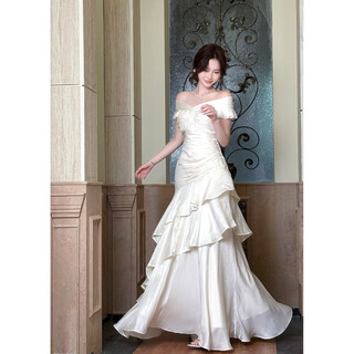 Gjfdgood job tuileries garden french one-shoulder light luxury dress niche dress high-end fishtail skirt light apricot long s