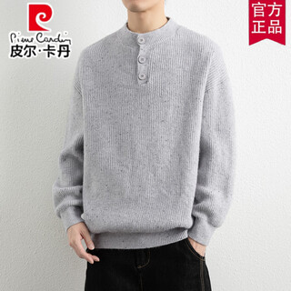 Pierre cardin american heavy henley collar sweater men's autumn and winter new thick wool sweater loose warm pullover sweater gray s 165