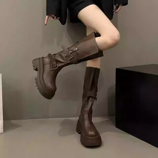 Bai qixin's retro thick-soled high-top martin boots, mid-calf knight boots, slim cowboy boots, increased height, british-style maillard boots, retro mid-calf martin boots, brown 38