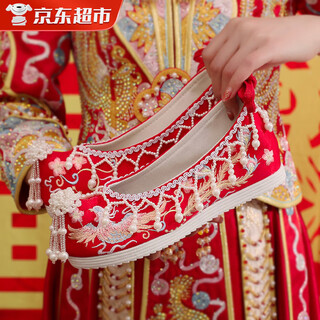 Lzjv cloth shoes for women new style xiuhe wedding shoes chinese style women's antique red embroidered shoes hanfu bride wedding heightening red embroidered shoes 37