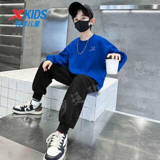 Xtep children's sports suit autumn and winter plus velvet to keep warm, loose and versatile, boys and girls, medium and large children's sweatshirt and sweatpants two-piece set, royal blue + leggings, regular style 140 cm