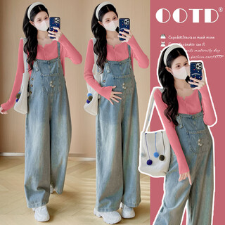 Geman maternity suit autumn 2025 new maternity overalls denim wide leg pants fashionable large size casual two-piece set blue overalls + pink bottoming two-piece set l