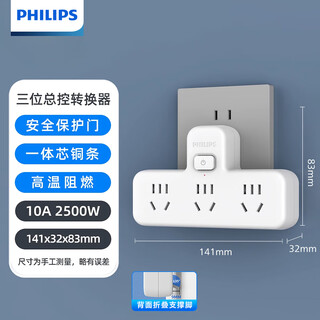 飞利浦飞利浦插座转换器一转多扩展插头分控多功能家用电源转换头一转二插座一转三排插插线板多用一拖二 总控一转3插位