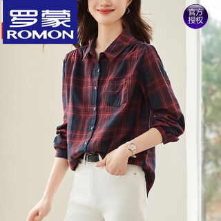 Romon high-end red plaid cotton shirt women's long-sleeved 2025 spring and autumn shirt color matching top red m weight 110-125 jin jin equals 0.5 kg