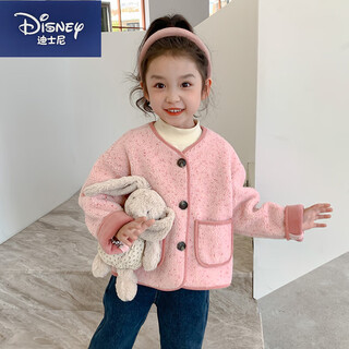 Disney girls' polar fleece jacket spring and autumn 2025 new little girl baby lamb wool cardigan top children's autumn clothing pink dot lamb wool material plus velvet thick style 90 cm