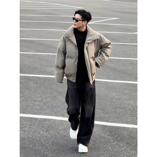 Jufeng american high street short down jacket men's winter trendy brand handsome thickened cotton coat silhouette stand collar bread coat gray cotton coat m (recommended 100-115jin jin equals 0.5 kg)
