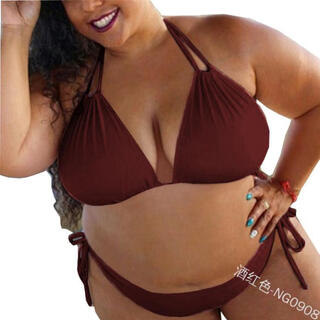 Nanbowan 20wish european and american solid color large size halter neck split swimsuit strap sexy bikini for women in stock burgundy 5xl