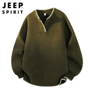 Jeep spirit jeep american style lazy style sweater men's autumn and winter henry collar casual sweater jacket dark army green xl