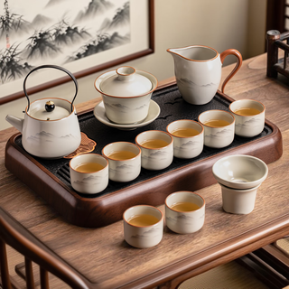 Porcelain brand tea set, ink and wash guanshan tea set, complete set of ru kiln teapot and tureen, kung fu tea set, gift box for home use, ink and wash guanshan teapot and tureen, 8 cups, 13 pieces + tea tray