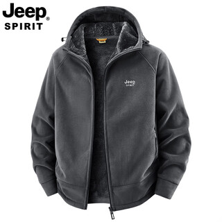 Jeep spirit jeep polar fleece jacket men's autumn and winter young and middle-aged loose large size casual jacket coldproof plus velvet thickened dark gray velvet 2518a hooded 2xl recommended 145-160jin jin equals 0.5 kg