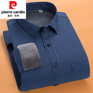 Pierre cardin autumn and winter business warm shirt velvet thickened long-sleeved striped shirt for young and middle-aged dad plus size shirt korean version hb692 m 38