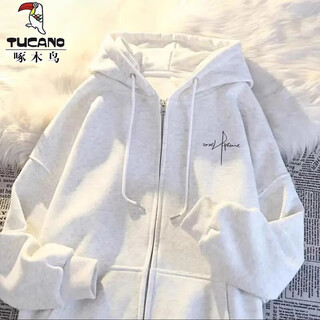 Woodpecker (tucano) american retro simple personalized cardigan hooded sweatshirt men's autumn and winter oversize casual loose jacket top men white gray xl 125---140jin jin equals 0.5 kg