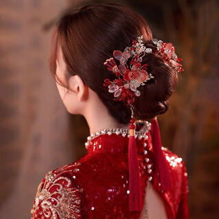 Lingchuan chinese style bridal ear-hook hair accessories red crystal flower tassel xiuhe headdress wedding cheongsam accessories hair accessories pair