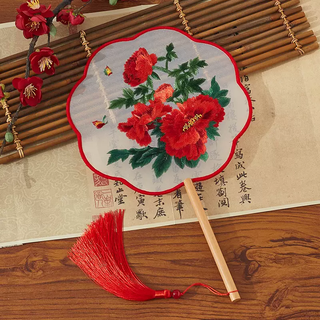 Yusen yizhong petal round fan double-sided su embroidery ancient fan embroidered female hanfu fan children dance eight countries style cheongsam round embroidery (double-sided embroidery) eight-petal big red peony butterfly silk wrapped edge dancing fan