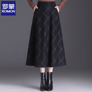Romon woolen plaid skirt women's autumn and winter new style high-waisted slimming mid-length a-line skirt temperament large size flesh-covering umbrella skirt plaid m recommended 88-100 jin jin equals 0.5 kg