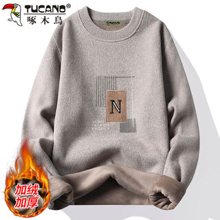 Woodpecker (tucano) sweater men's winter round neck plus velvet thickened sweater loose warm inner layering shirt men's beige xl