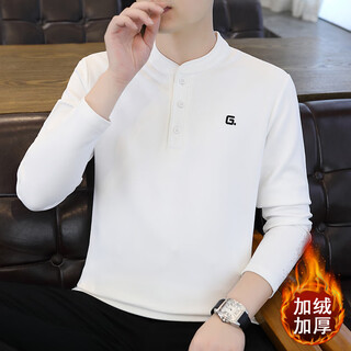 Philos cow button stand collar long sleeve t-shirt men's autumn and winter 2025 new henley collar bottoming shirt men's velvet top t 9329 velvet style - white l (110-120jin jin is equal to 0.5 kg)