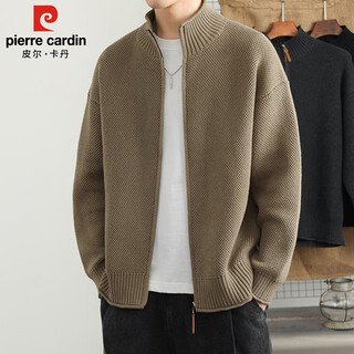 Pierre cardin sweater men's autumn and winter trendy high-end cardigan jacket men's casual stand-up collar sweater men's khaki xl