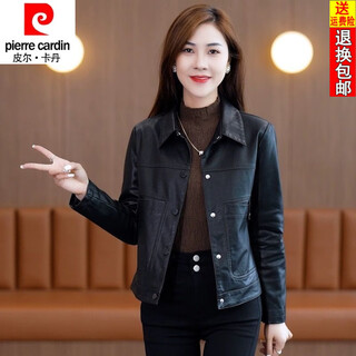 Pierre cardin 25th new leather jacket women's short spring and autumn style slim fit small versatile pu leather jacket black lined m recommended 85-100 jin jin equals 0.5 kg