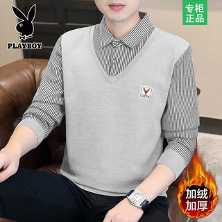 Playboy shirt collar sweater men's autumn and winter sweater casual velvet thickened long-sleeved warm base top fake two pieces embroidered deer head gray/one-piece velvet shirt collar xl recommended 120-140jin jin equals 0.5 kg