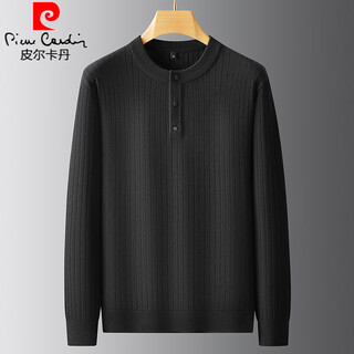 Pierre cardin plus size men's henley collar long-sleeved sweater autumn and winter striped sweater men's large size loose sweater black xl (recommended 130-150jin jin equals 0.5 kg)
