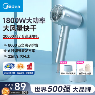 Midea hair dryer home negative ion high power does not hurt electricity hair dryer hair dryer negative ion hair dryer dormitory use ten million negative ions 1800w high power clear sky blue-80 million negative ions hair care