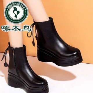 Woodpecker martin boots women's 2025 genuine leather winter new style velvet platform thick-soled mid-heel short boots women's shoes autumn and winter 318 black velvet 37