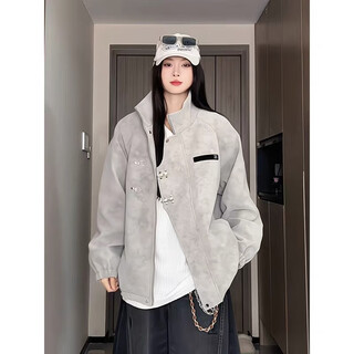 Nying american tie-dye pu leather jacket men's 25 autumn new high street fashion brand stand collar casual jacket handsome loose top gray l (130-150jin jin equals 0.5 kg)