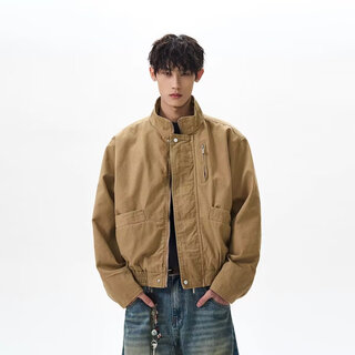 To the aesthetic retro high street cleanfit stand-up collar bomber jacket men's trendy boxy short work jacket clothes men's khaki xl recommended 130-145jin jin is equal to 0.5 kg