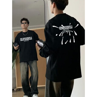 Cantu black heavyweight pure cotton long-sleeved t-shirt for men in autumn and winter american fashion brand inner layering shirt loose casual sweater clothes black l recommended 100-120jin jin equals 0.5 kg