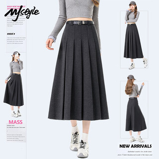 Mj style pleated suit skirt women's 2025 winter a-line high-waist slim skirt natural drape woolen over-the-knee long skirt