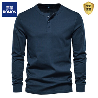 Romon henley shirt men's autumn heavyweight t-shirt cotton long-sleeved henley collar men's business bottoming shirt slim fit top navy s weight 100-125 jin jin equals 0.5 kg