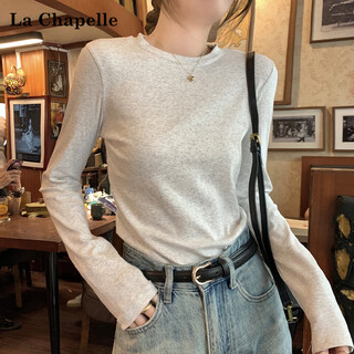 La chapelle pure cotton bottoming shirt for women 2025 new style slim round neck right shoulder long sleeve t-shirt women's top heather gray m