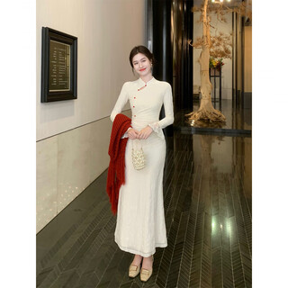 Jialong mingxiu 2025 autumn new long xingxue zhiguang new chinese style improved cheongsam women's trumpet sleeve dress qianmi xing 2xl
