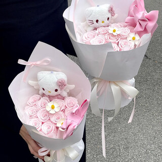 Spend time with hellokitty bouquet, eternal flower roses, simulated soap bouquet, give your girlfriend and best friend a new year's eve birthday gift. the original intention of love, kitty doll bouquet-light pink 11 small bouquets